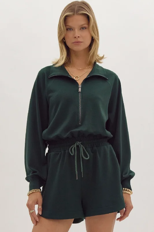 Comfortable and simple Cotton bodysuit Solid Long Sleeve Half Zip Collared Romper