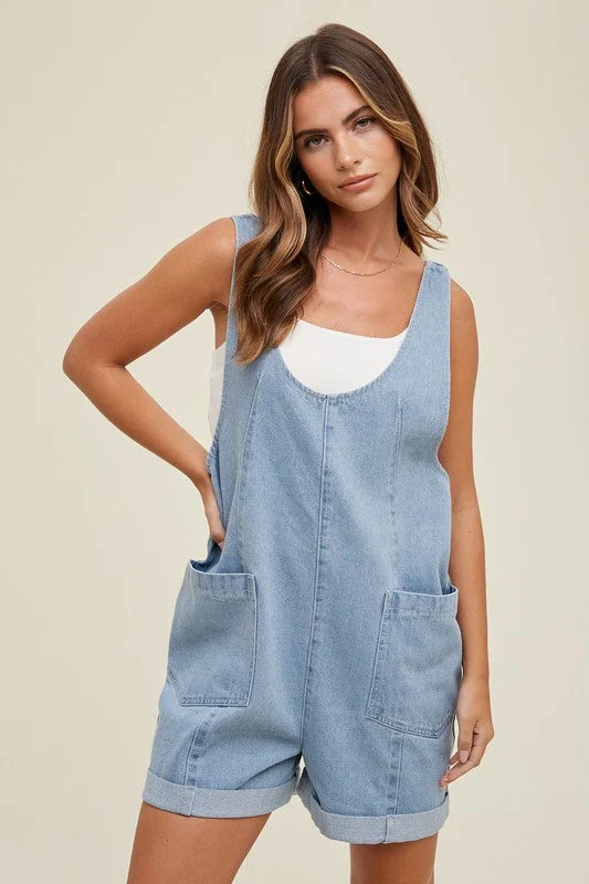 High-waisted pants style Adjustable bodysuit Cotton Denim Seam Detail Romper