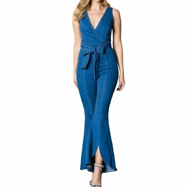 Personality Publicity Button-down lace bodysuit Bell Bottom Jumpsuit In Denim