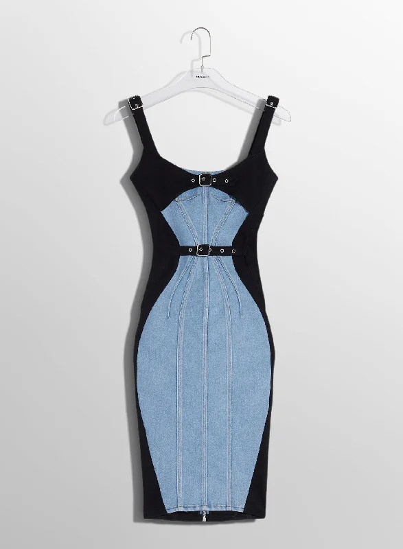 Round neck design bi-color buckled denim dress
