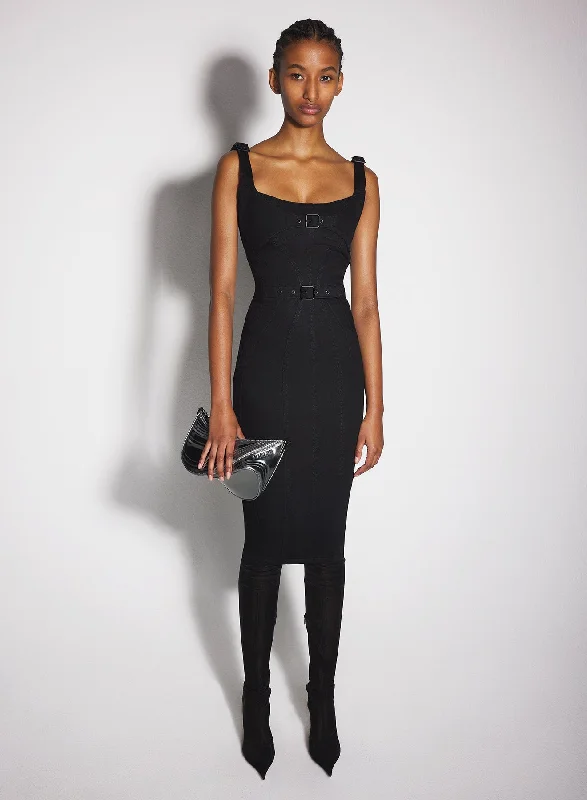 High-end atmosphere black buckled denim dress