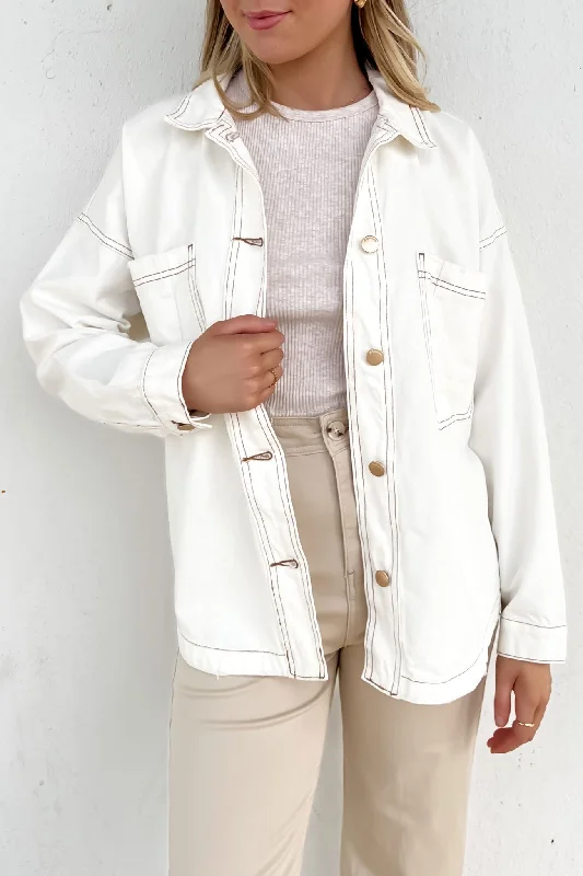 Street Sports Style Double-button blazer Coco Denim Shacket Vintage White