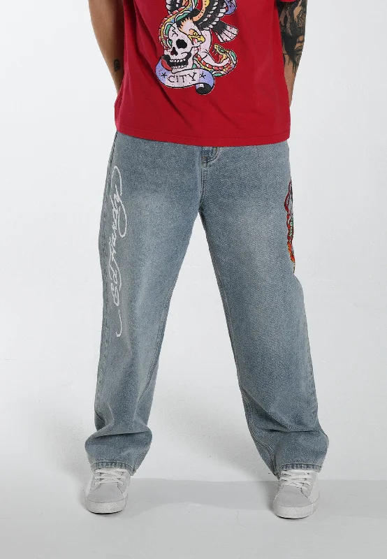 Free and comfortable Mens Flamer-Snake Baggy Jeans - Bleach
