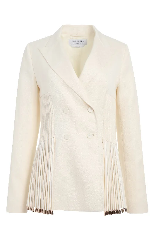 Warm and substantial Button-up blazer jacket Giorgio Fringe Blazer in Ivory Textured Linen