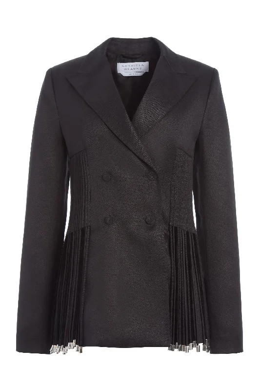 High waist design Denim blazer Giorgio Fringe Blazer in Black Textured Linen