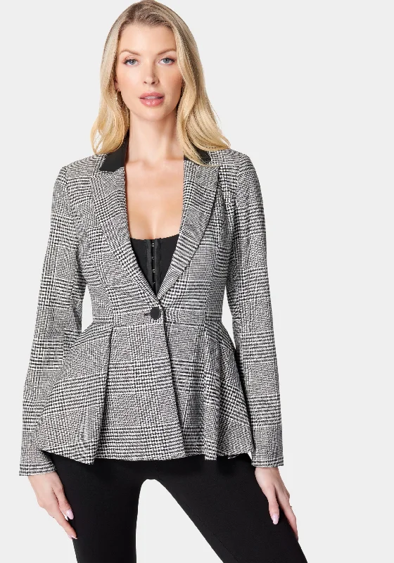 Fashionable sports Formal wool coat Glen Check Vegan Leather Combo Peplum Jacket