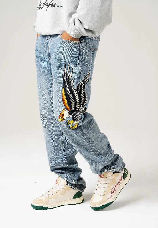 Fashionable sports Mens Golden-Eagle Tattoo Graphic Denim Trousers Jeans - Bleach