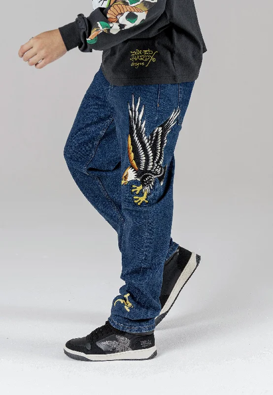 Boutique style Mens Golden-Eagle Tattoo Graphic Denim Trousers Jeans - Indigo