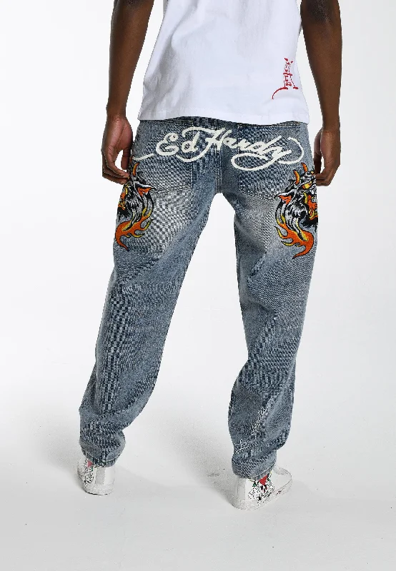 Printed pattern Mens Hell-Cats Tattoo Graphic Denim Trousers Jeans - Bleach