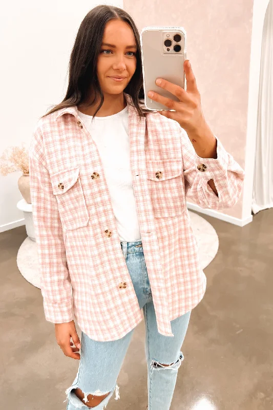 Warm and substantial Fitted military coat Jemma Shacket Pink Check