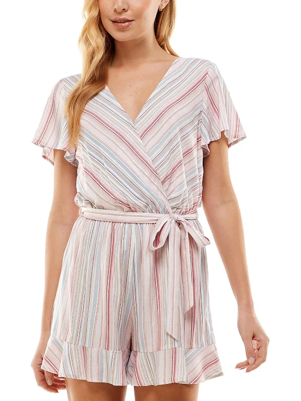Classic Retro Button-down bodysuit Juniors Womens Striped Faux Wrap Romper