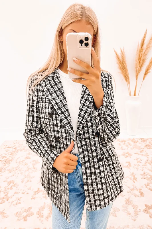 High-waisted pants style Sherpa jacket Madilyn Blazer Black Check
