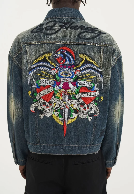 Romantic And Sweet Mens Abstract United Dreams Oversized Denim Jacket - Blue