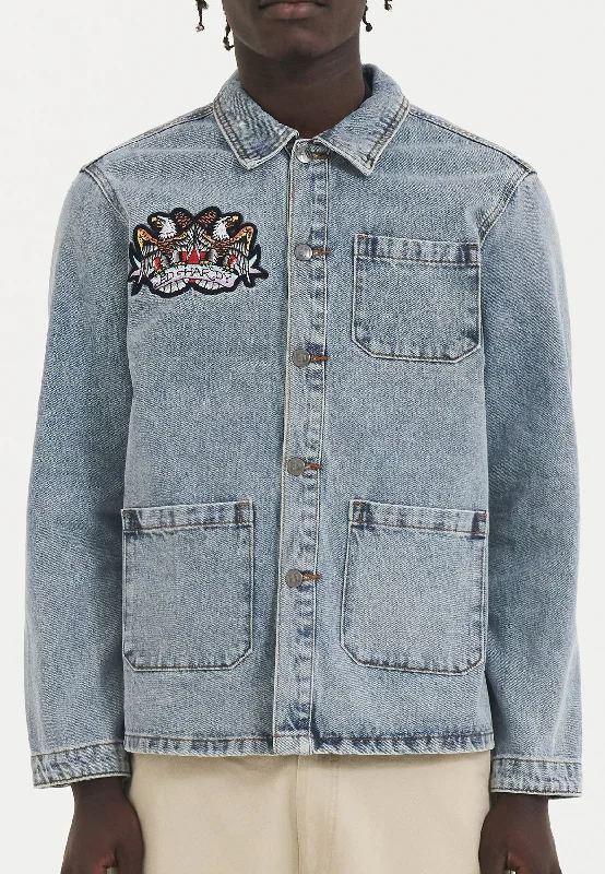 Street Style Mens Battle Of Eagles Denim Chore Jacket - Blue