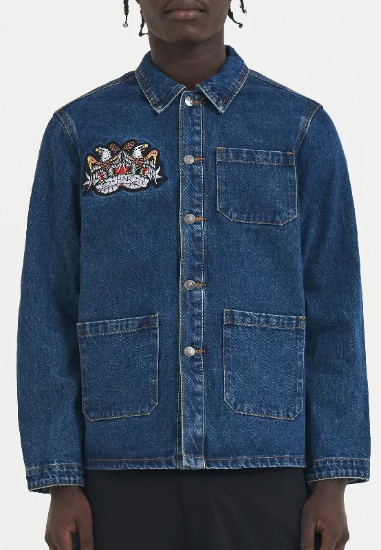 Street Letter Style Mens Battle Of Eagles Denim Chore Jacket - Indigo