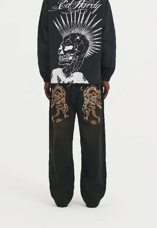 Knowledge And Elegance Mens Dragon Crawl Dirty Wash Denim Trousers Jeans - Brown