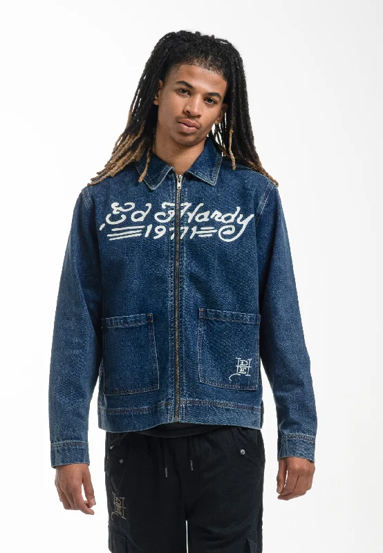Sports Functional Style Mens Panther Denim Team Jacket - Indigo