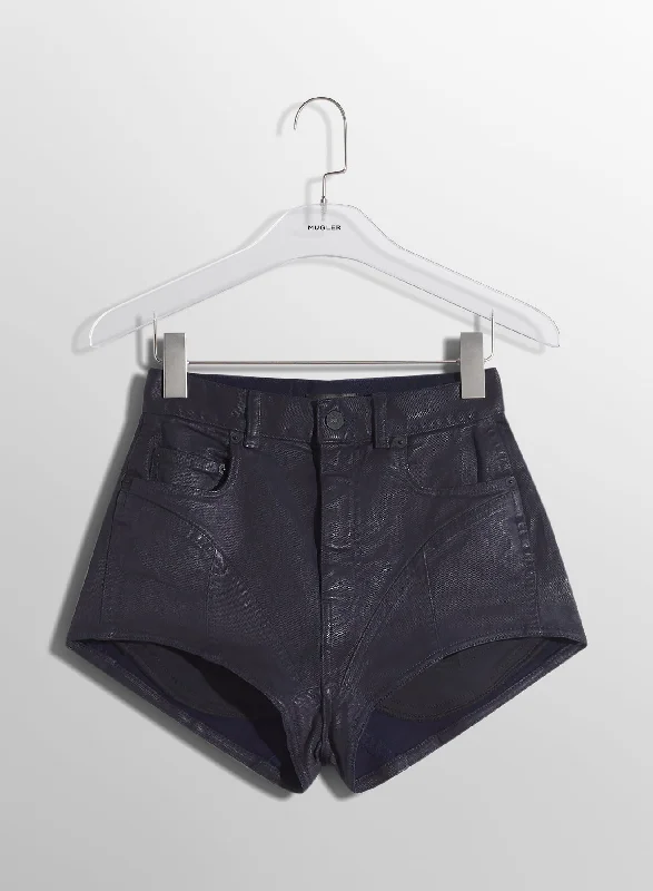 Warm and substantial midnight blue bi-material denim shorts