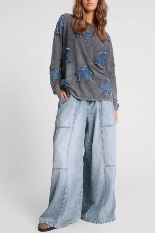 Retro Skirt Design Denim Palazzo Pants Blue Blossom