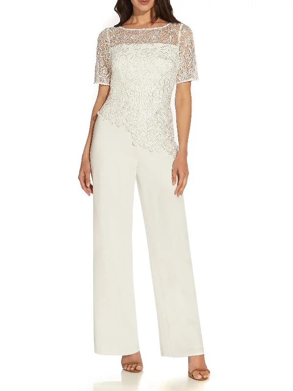 Trendy Traveler Satin silk bodysuit Petites Womens Lace Crepe Jumpsuit