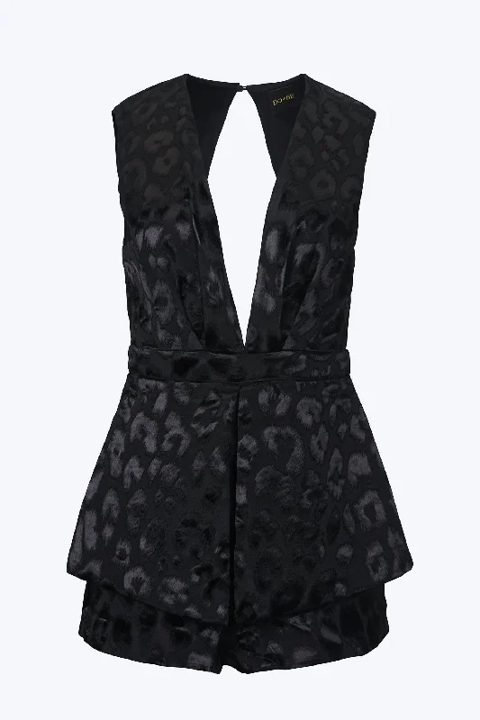 Elegant Style Silk bodysuit Plunging Cutout Satin-Jacquard Romper In Black