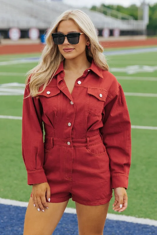 Sports Vitality Style Graphic bodysuit Red Long Sleeve Denim Romper - FINAL SALE