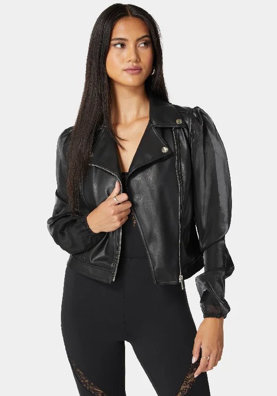 Slim Fit Lightweight trench Ruched Organza Sleeve Vegan Leather Moto Jacket