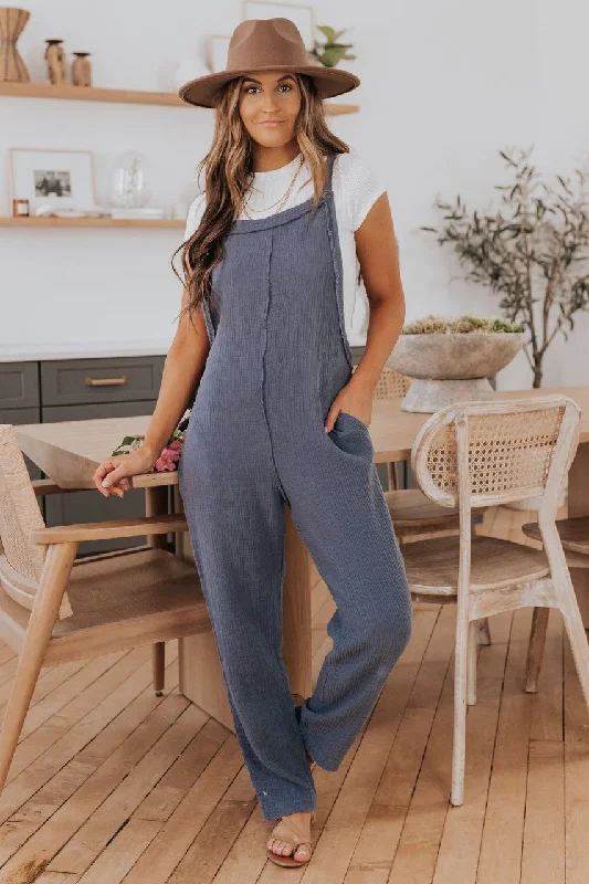 Urban Fashion Halter-back bodysuit Seam Detail Faded Navy Crinkle Overalls - FINAL SALE Urban Fashion Halter-back bodysuit Seam Detail Faded Navy Crinkle Overalls - FINAL SALE