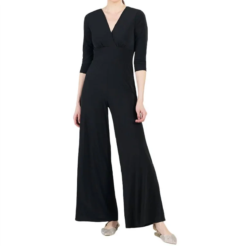 Retro Woolen Jacket Low-cut bodysuit Signature 3/4 Sleeve Jumpsuit In Black