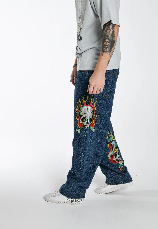 Sports High Waist Style Mens Skull-Snake-Dagger Tattoo Graphic Denim Trousers Jeans - Indigo