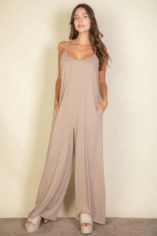Sports Express Bodysuit romper Spaghetti Strap Solid Wide Jumpsuit
