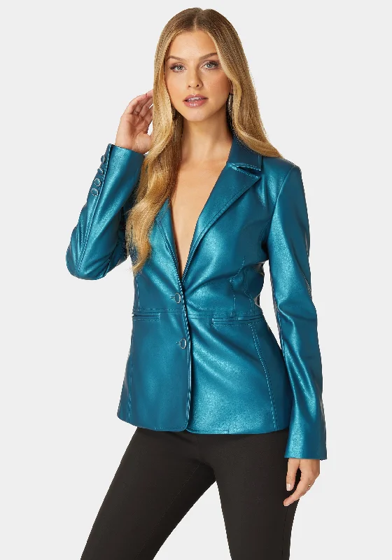 Classic Retro Button-up jacket Tailored Metallic Vegan Leather Blazer
