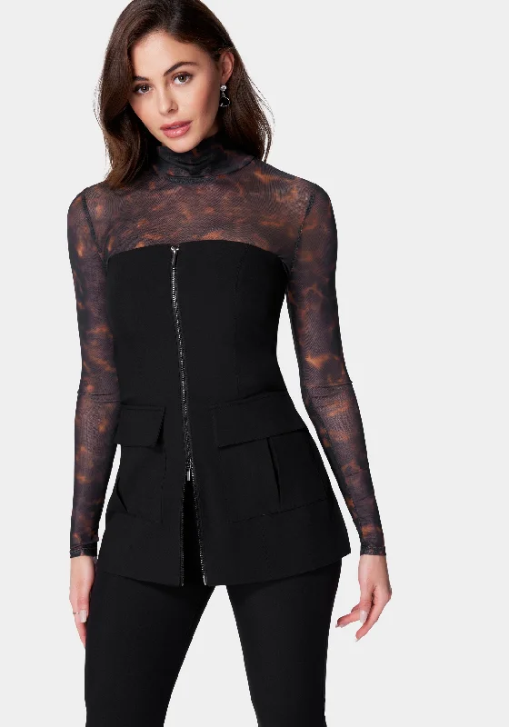 Skirt style Long bomber jacket Tailored Patch Pocket Zip Front Vest