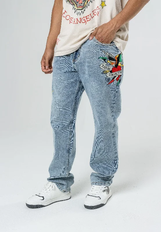 Exquisite workmanship True-Til-Death Tattoo Graphic Jean Denim Pant - Bleach