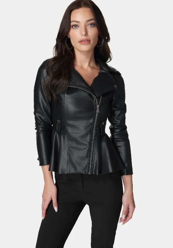Personalized print Oversized wool coat Vegan Leather Moto Peplum Jacket
