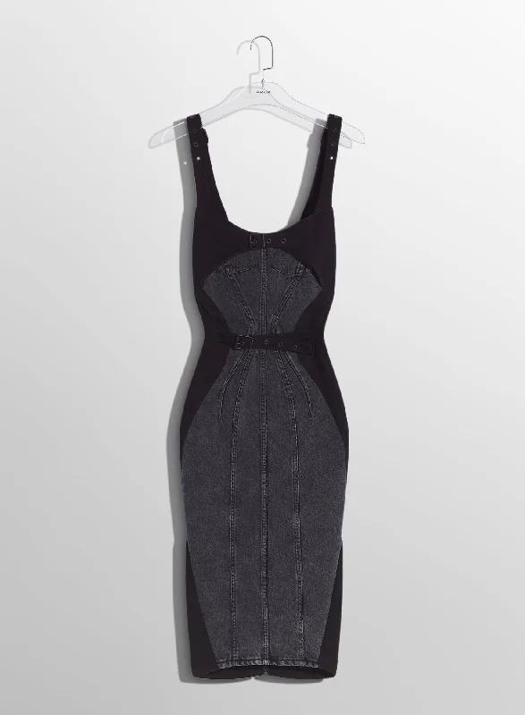 Fashionable sports washed black buckled denim dress