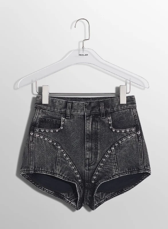 Luxury and fashionable washed black denim studded shorts