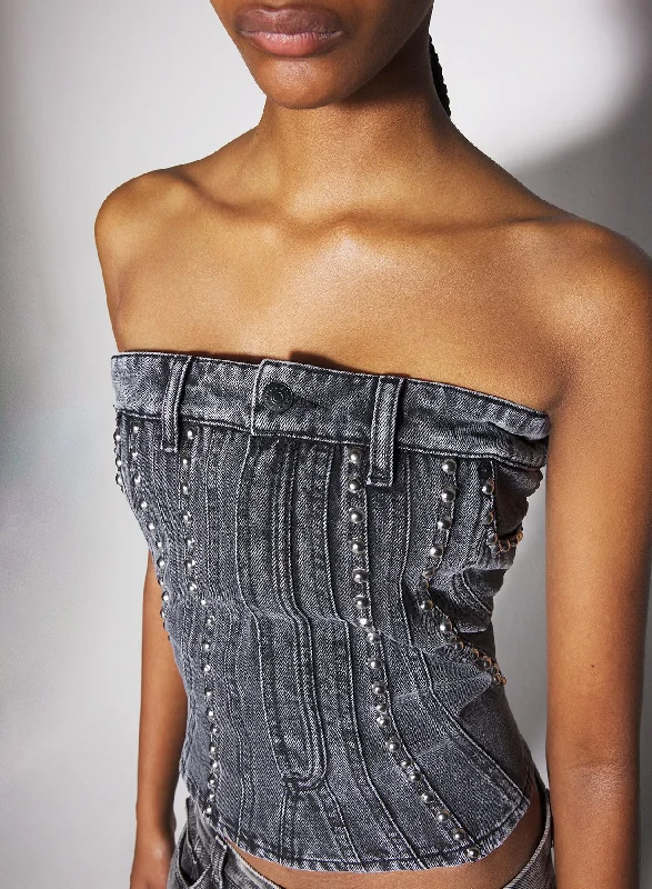 Simple research washed black spiral denim studded bustier