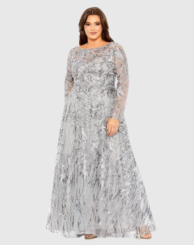 High waist design Sequin evening dress Long Sleeve High Neck Embroidered Gown