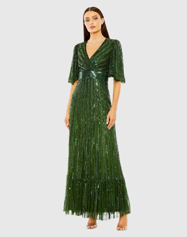 Customized Version Sequin high-low dress Flutter Sleeve Deep V Ruffle Hem Sequin Gown Customized Version Sequin high-low dress Flutter Sleeve Deep V Ruffle Hem Sequin Gown