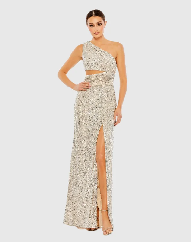 Luxury and fashionable Sequin long sleeve dress Sequin One Shoulder Cut Out Gown
