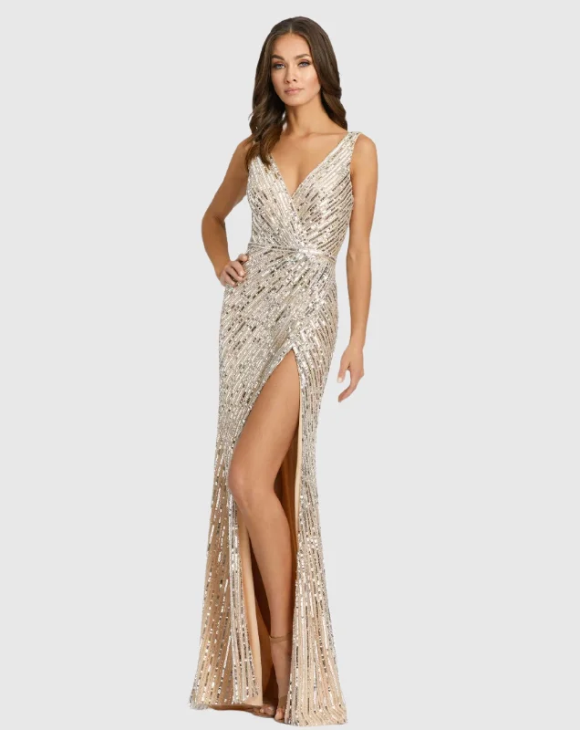 Street Sports Style Sequin flapper dress Sleeveless Diagonal Sequined V-Neck Gown