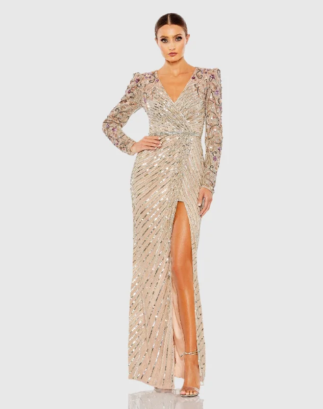 Beautiful Romance Sequin dress with bow Long Sleeve Embellished Puff Sleeve Faux Wrap Gown