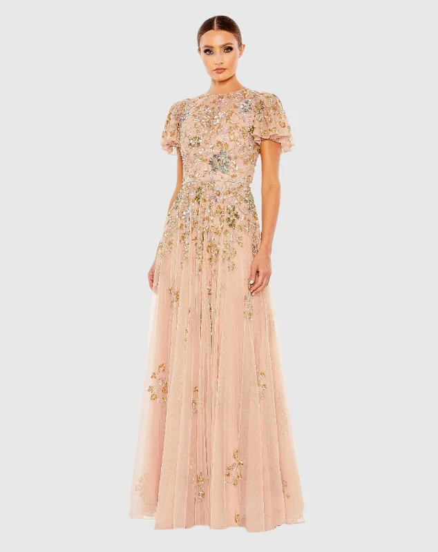 Romantic And Sweet Silver sequin gown Embellished Butterfly Sleeve High Neck Gown