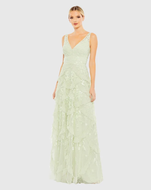 Wandering freely Sequin frill dress Sequined Scallop Ruffle Tiered V-Neck Gown