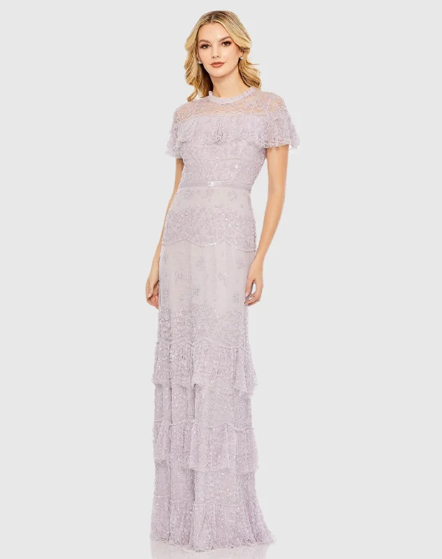 Sports Fitness Style Sequin plunge back dress Embellished Cap Sleeve Ruffle Tiered Gown Sports Fitness Style Sequin plunge back dress Embellished Cap Sleeve Ruffle Tiered Gown