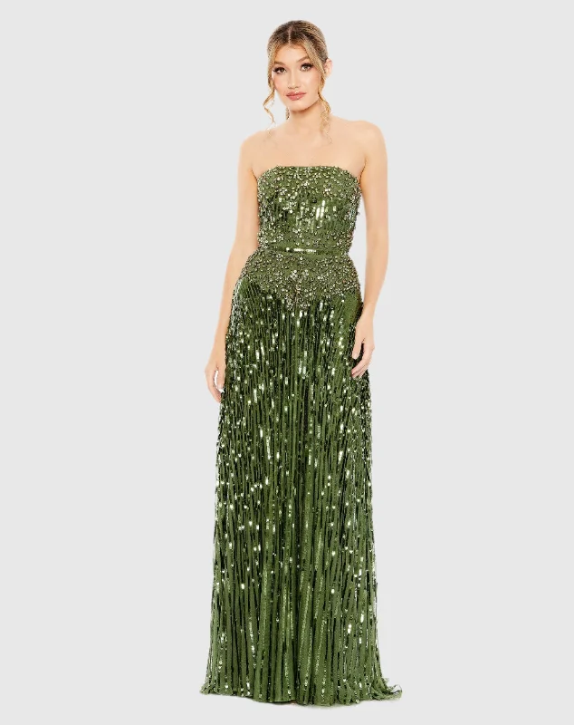 Sports Zipper Style Metallic sequin dress Green Strapless Hand Embellished Beaded A Line Gown