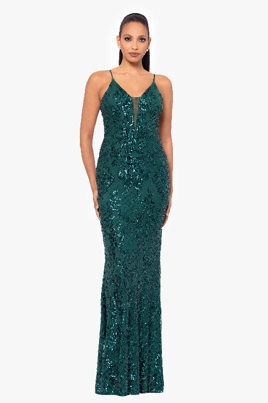 Sports Casual Style Satin sequin dress Petite "Jolene" Long Sequin Placement Spaghetti Strap Floor Length Dress
