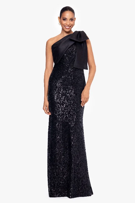 Design sense Sequin mermaid dress "Christy" Long Sequin Crepe Dress with Satin Bow