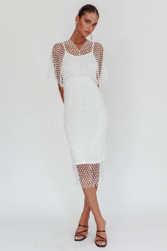 Fresh And Simple Silver sequin dress Astra Diamante Fishnet Midi Dress White